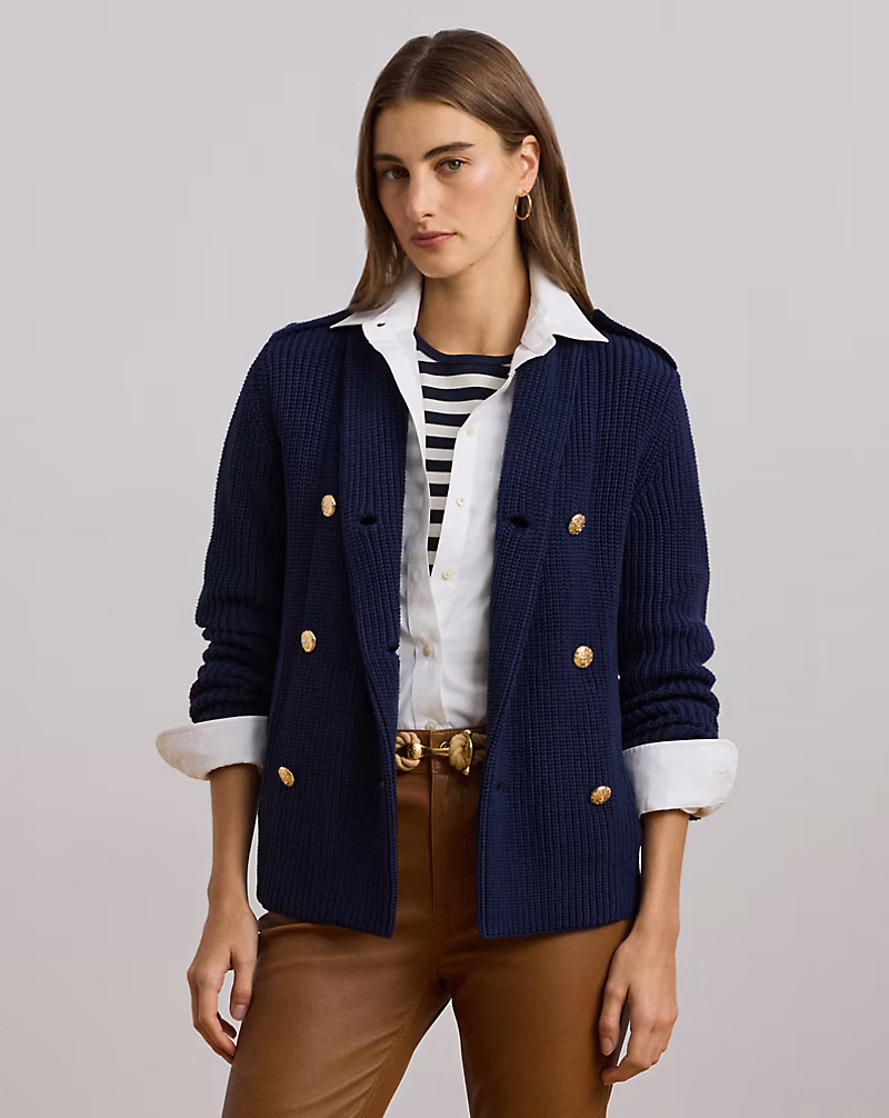 Rib-Knit Double-Breasted Sweater Jacket