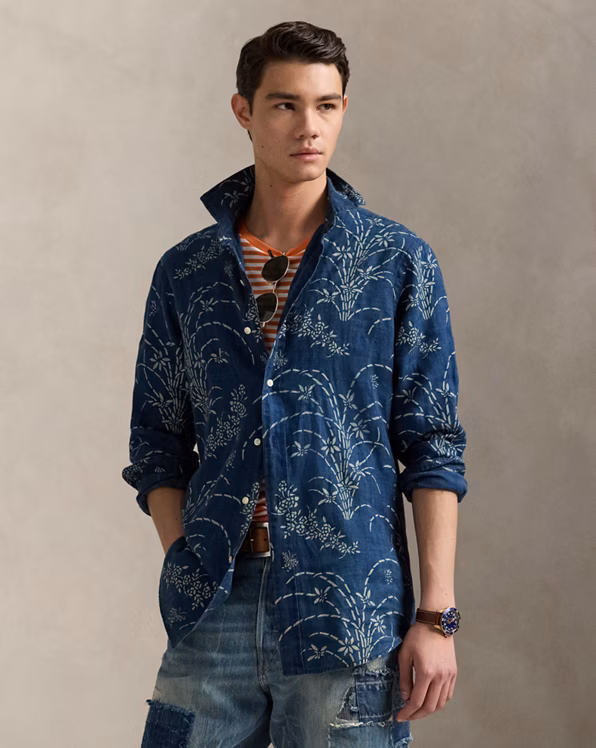 Classic Fit Indigo Floral Linen Shirt