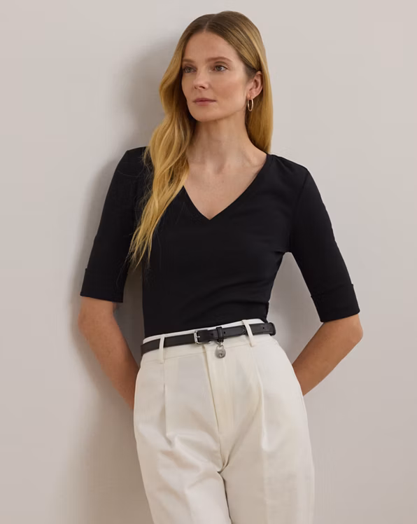 Stretch Cotton Elbow-Sleeve V-Neck Tee