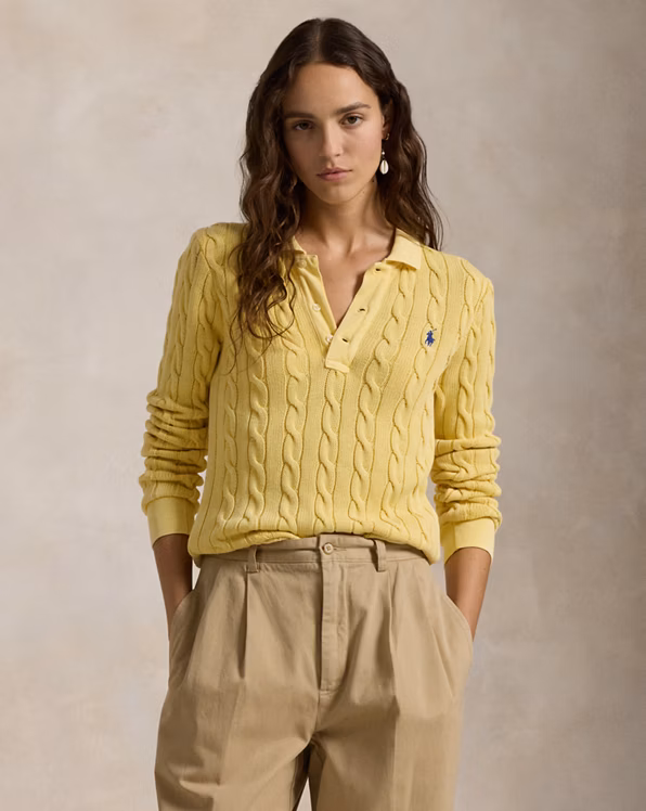 Cable-Knit Cotton Long-Sleeve Polo Shirt