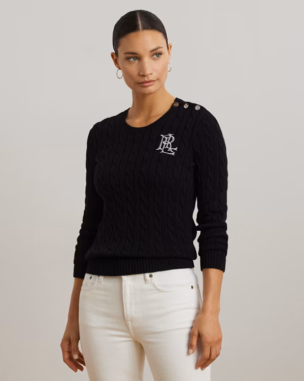 Button-Trim Cable-Knit Cotton Jumper