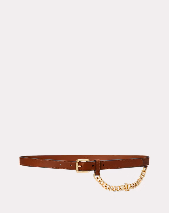 Logo-Chain Leather Skinny Belt
