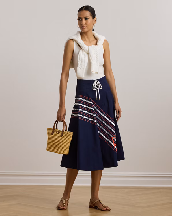 Rope-Print Twill Lace-Up Midi Skirt