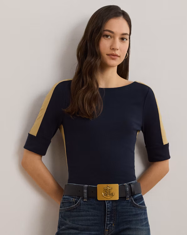 Two-Tone Stretch Cotton Elbow-Sleeve Tee