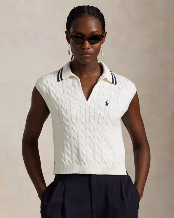 Cable-Knit Sleeveless Polo Shirt