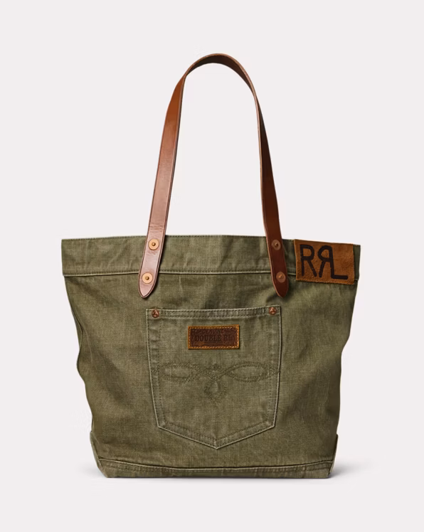 Leather-Trim Twill Tote