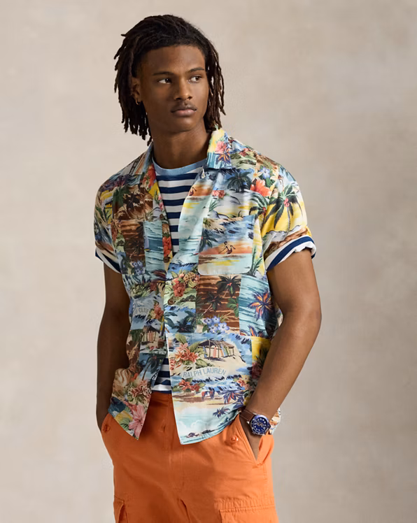 Classic Fit Patchwork-Print Camp Shirt
