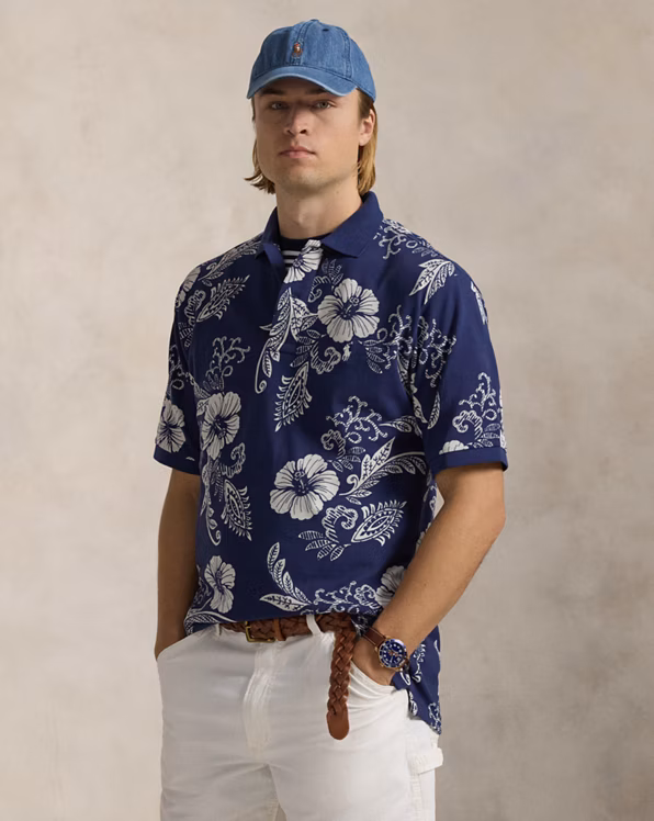 Hibiscus-Print Mesh Polo Shirt