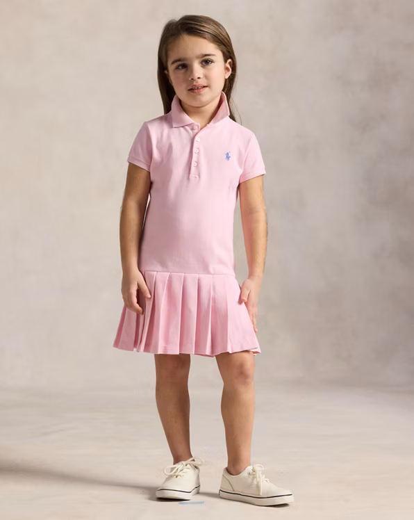 Pleated Stretch Mesh Polo Dress