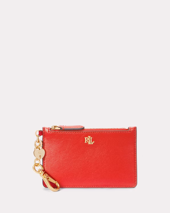 Heart-Charm Leather Zip Card Case