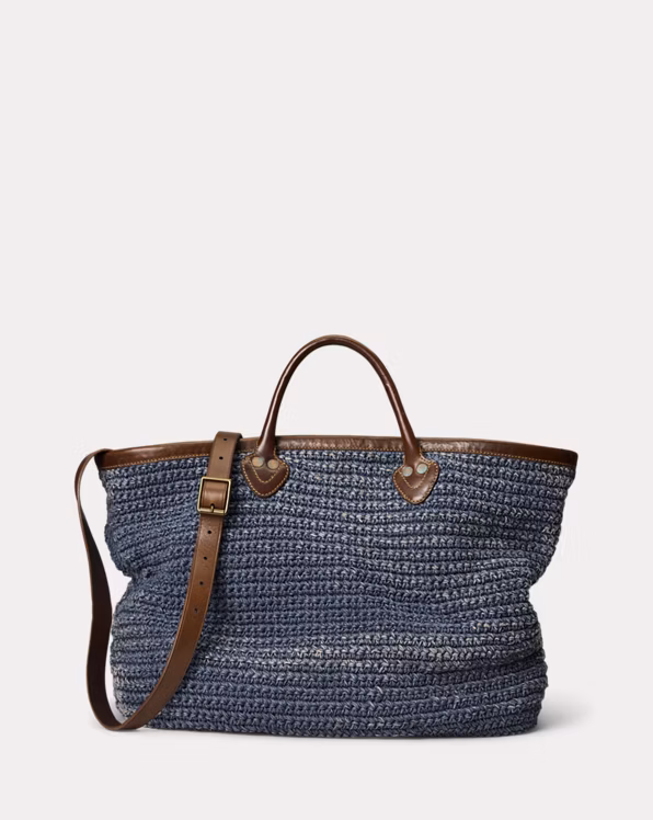 Leather-Trim Handwoven Indigo Tote