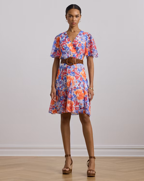 Floral Crinkle Georgette Surplice Dress