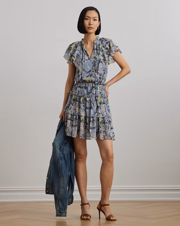 Floral Ruffle-Trim Georgette Dress