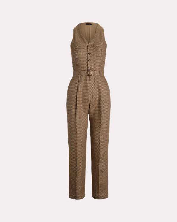 Houndstooth Belted Linen Jumpsuit