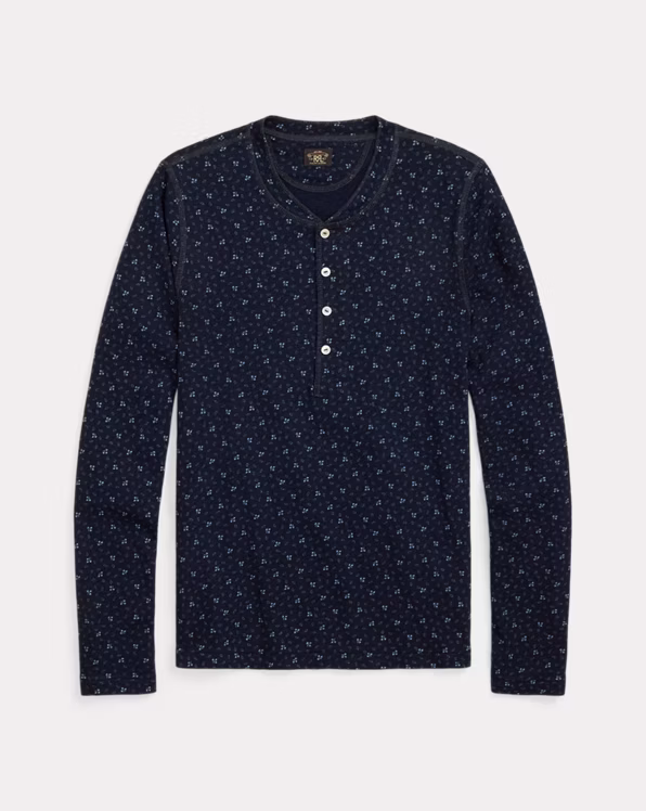 Indigo Floral Cotton-Linen Henley