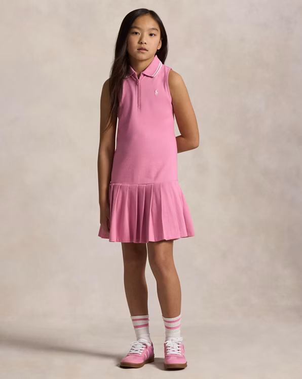 Pleated Stretch Mesh Polo Dress