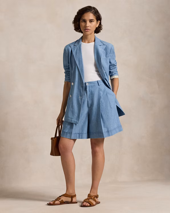 Pleated Cotton Chambray Short